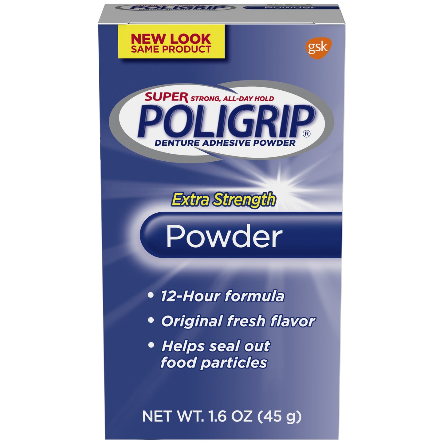 Super Poligrip Denture Adhesive Powder, Extra Strength, 1.6 oz. bottle, 6/pkg, 4 pkg/cs (24 bottles total) (Available for sale in US only) (Products cannot be sold on Amazon.com or any other third Party sites.) (Item is Non-Returnable)