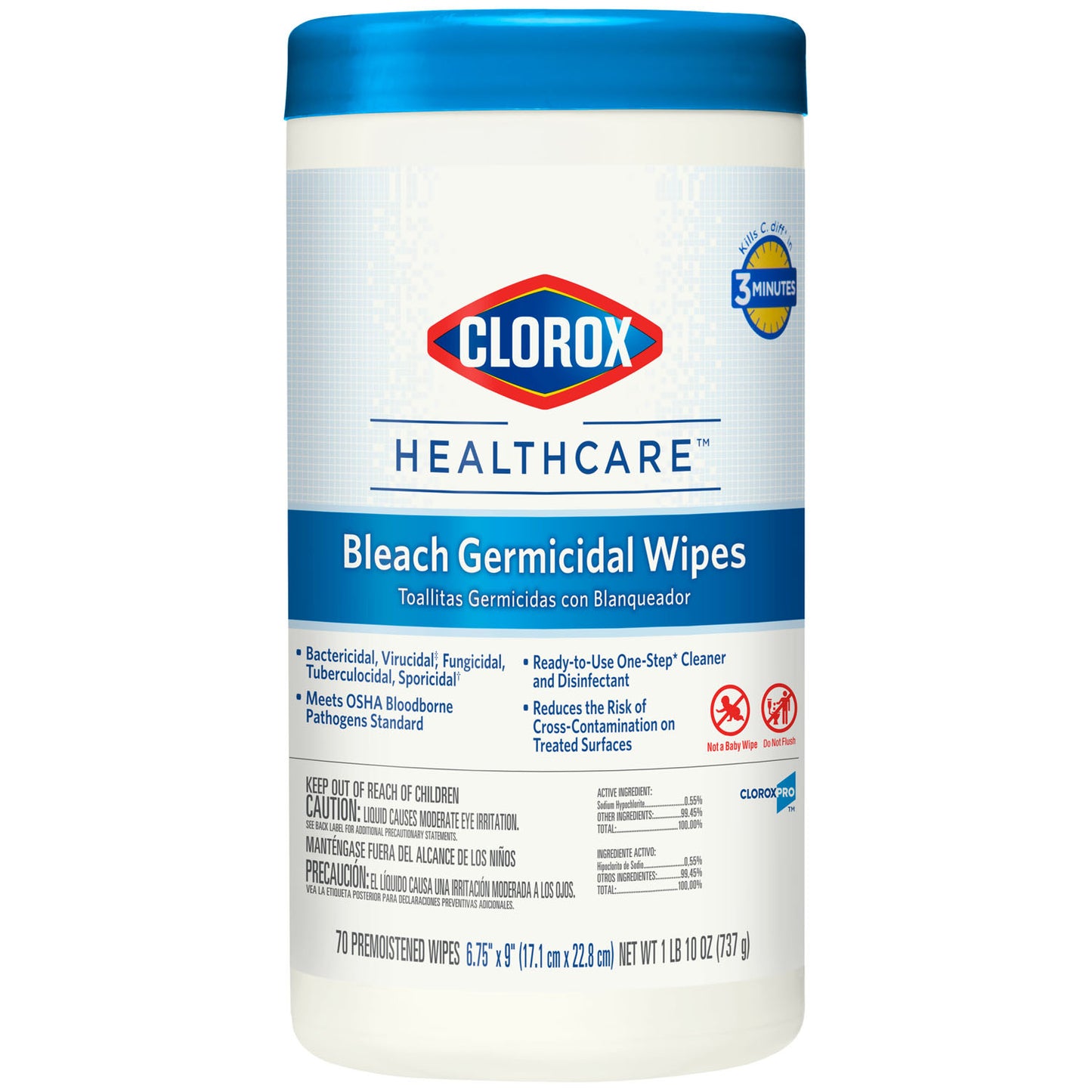 Clorox Healthcare Bleach Germicidal Wipes, 6.75 x 9, 70/can, 6/cs (75 cs/plt) (Continental US Only)