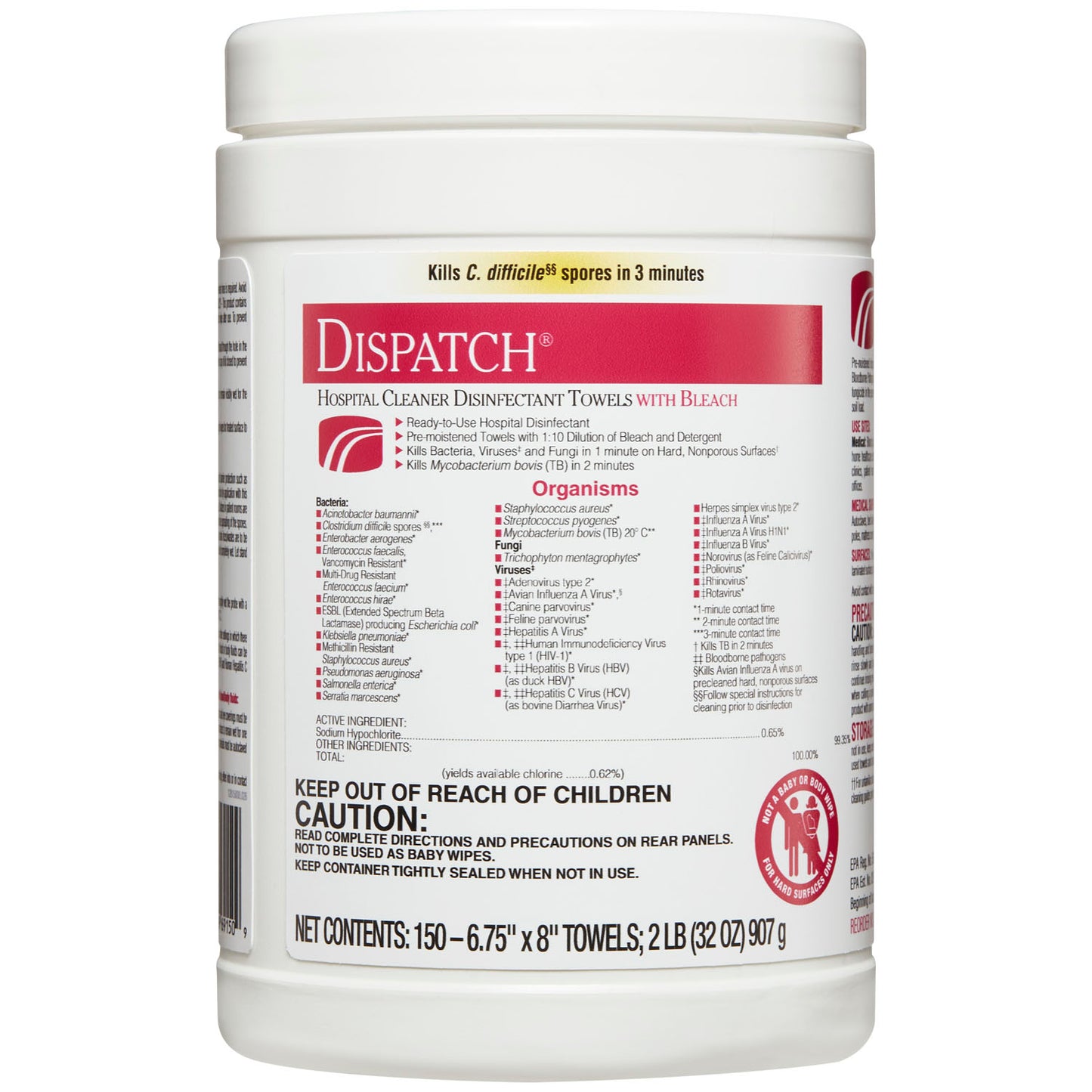 Dispatch Hospital Cleaner Disinfectant Towels with Bleach, 6.75 x 8, 150/can, 8/cs