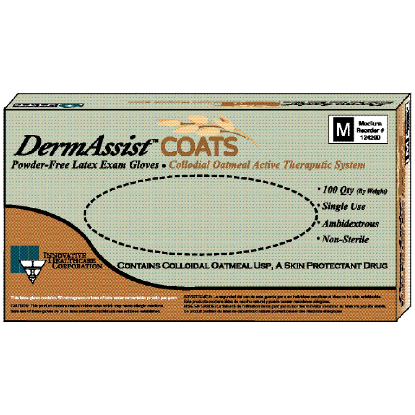 Gloves, Medium, Exam, Latex, Non-Sterile, PF, Colloidal Oatmeal, Therapeutic, 100/bx, 10 bx/cs