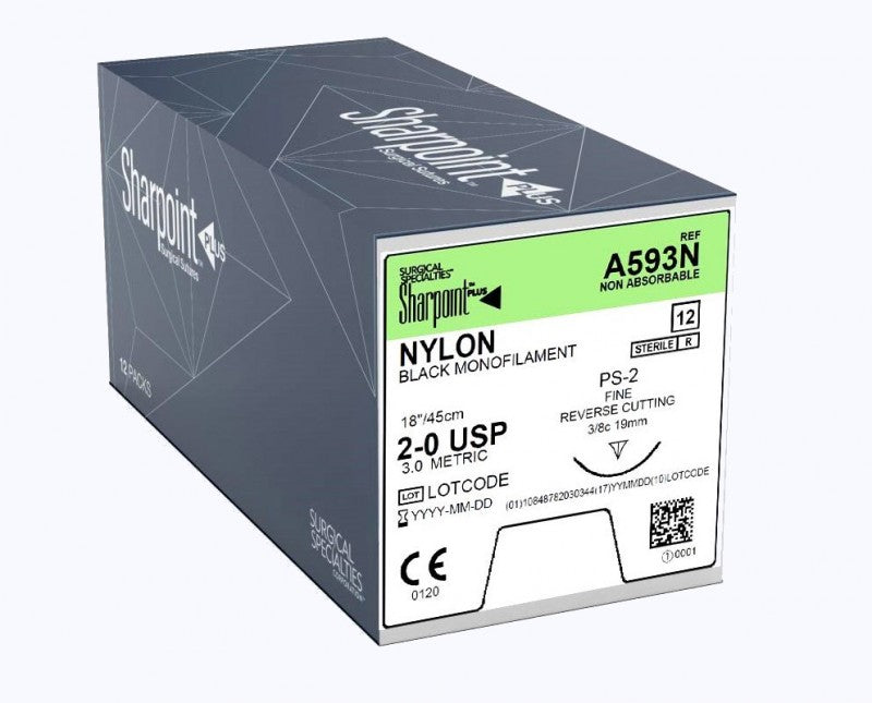 Nylon Suture, Monofilament, Reverse Cutting, Black, Size 2-0, 1 x 8", 19mm, 3/8 Circle, 12/bx
