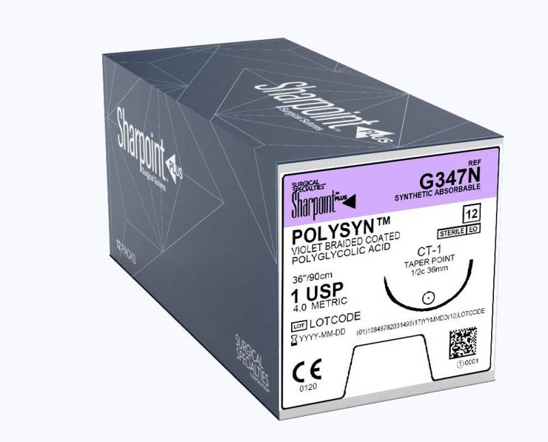Polyglycolic Acid Suture, Violet Braided, Taper Point, Size 1, 27"/70cm, 36.6mm, 1/2 Circle, 12/bx