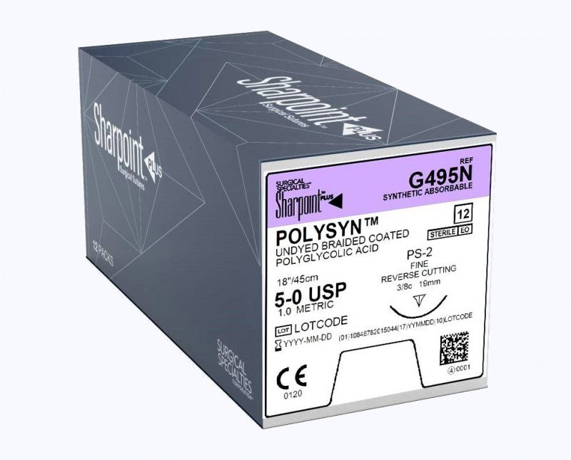 Polyglycolic Acid Suture, Braided, Reverse Cutting, Size 5-0, 18"/45cm, 19mm, 3/8 Circle, 12/bx