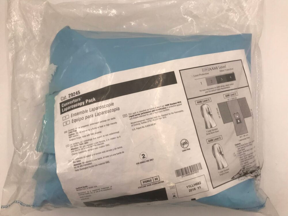 Laparoscopy Pack, Includes: Laparoscopy Drape with Absorbent Reinforcement, Adhesive; Under-buttocks Drape, Reinforced Poly; Non-Reinforced Scrub Nurse Gown, Large with Towel and Wrap; Non-Reinforced Surgical Gown, Large; Drape Towel, Adhesive, Nonabsorbent; Absorbent Towel; Pair of Leggings, X-Large; Mayo Stand Cover, 23"W; Suture Bag; Outer Wrap, Reinforced Poly Table Cloth, 44" x 90", Sterile, 8/cs (Continental US Only)