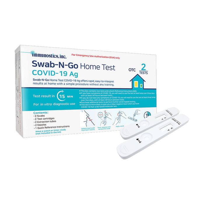 Covid-19 Antigen Swab-N-Go at Home Test Kit Contents: Swabs; Test Cartridge; Extraction Tubes; Nozzles; Quick Reference Instruction, 2 test/kt