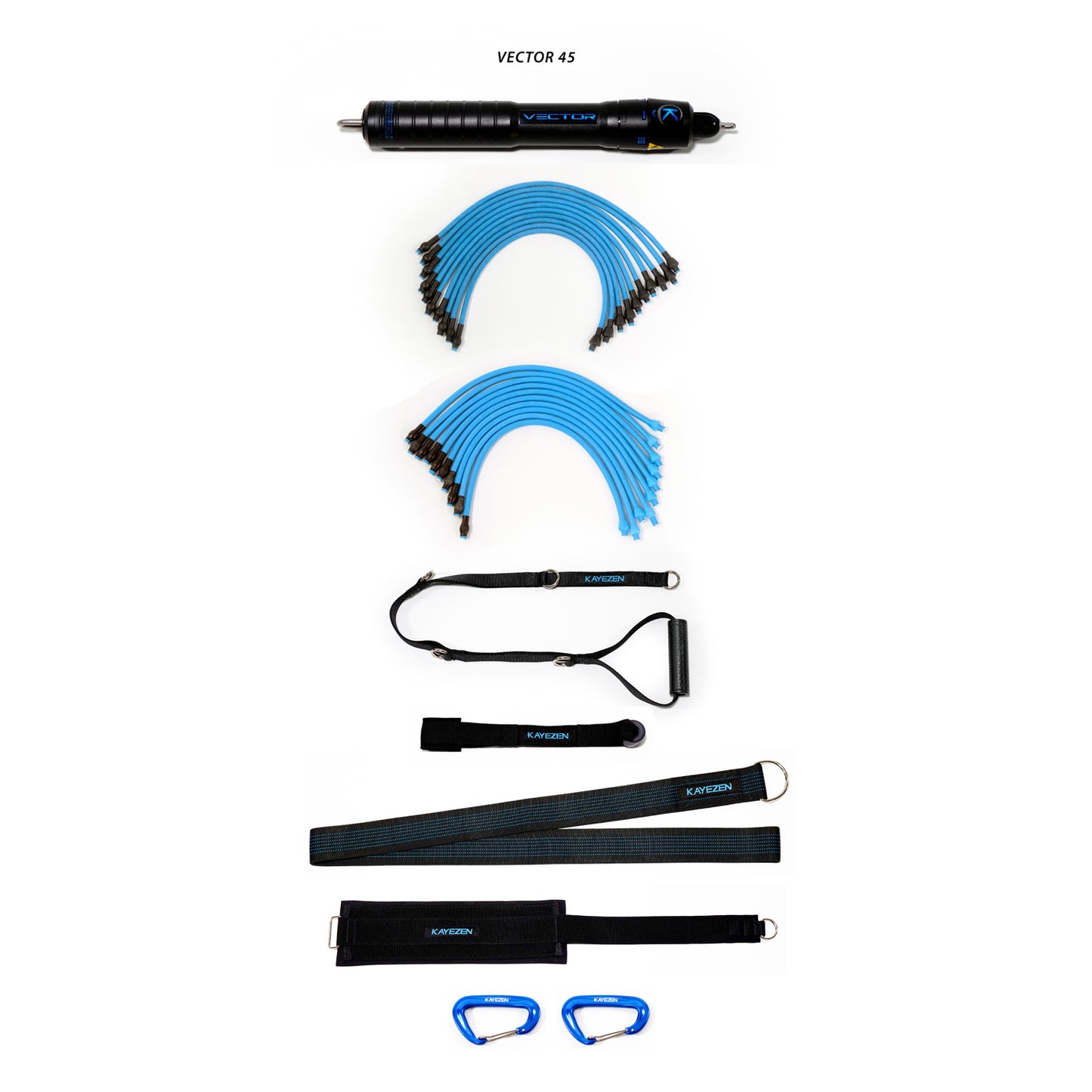 VECTOR 45 Resistance System Solo Kit: 1 VECTOR 45 Unit, w/ 10 Lt + 10 Hvy Tubes, 1 Door Anchor, 1 Long Handle, 1 Long Torso Strap, 1 Thigh Strap, 2 Carabiners, Free Kayezen VECTOR Exercise APP