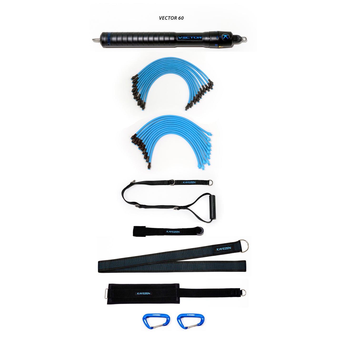VECTOR 60 Resistance System Solo Kit: 1 VECTOR 60 Unit, w/ 10 Lt + 10 Hvy Tubes, 1 Door Anchor, 1 Long Handle, 1 Long Torso Strap, 1 Thigh Strap, 2 Carabiners, Free Exercise APP