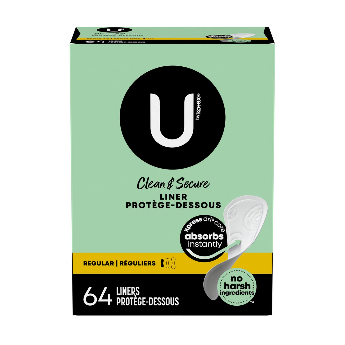 U by Kotex Security Panty Liner, Light Absorbency, Regular Length, Unscented, 64/pk, 8 pk/cs