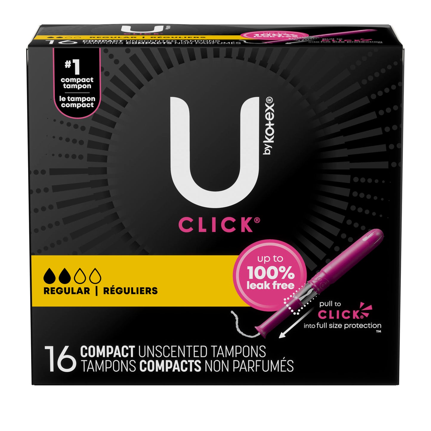 U by Kotex Tampon, Super Premium, Regular Absorbency, Click Compact, 16/pk, 8 pk/cs