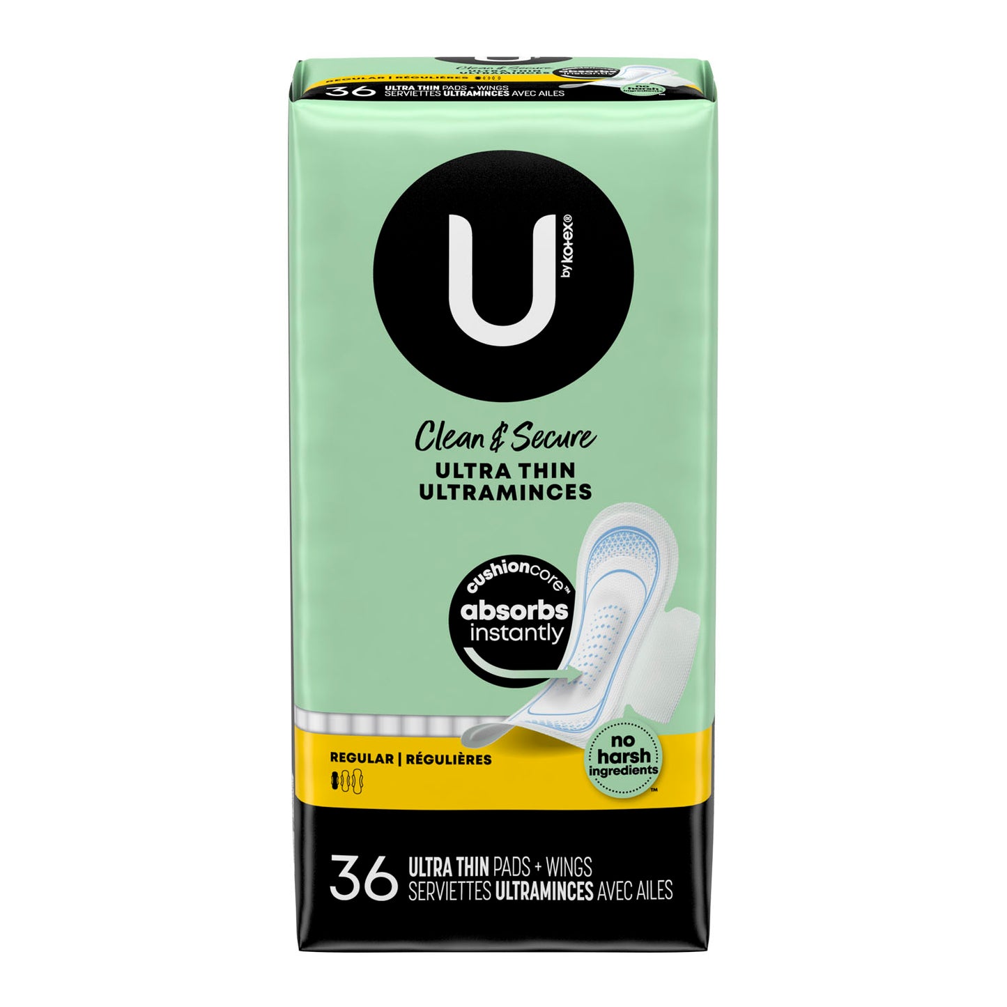 U by Kotex Premium Pads, Regular, Ultra Thin, w/ Wings, 36/pk, 6 pk/cs