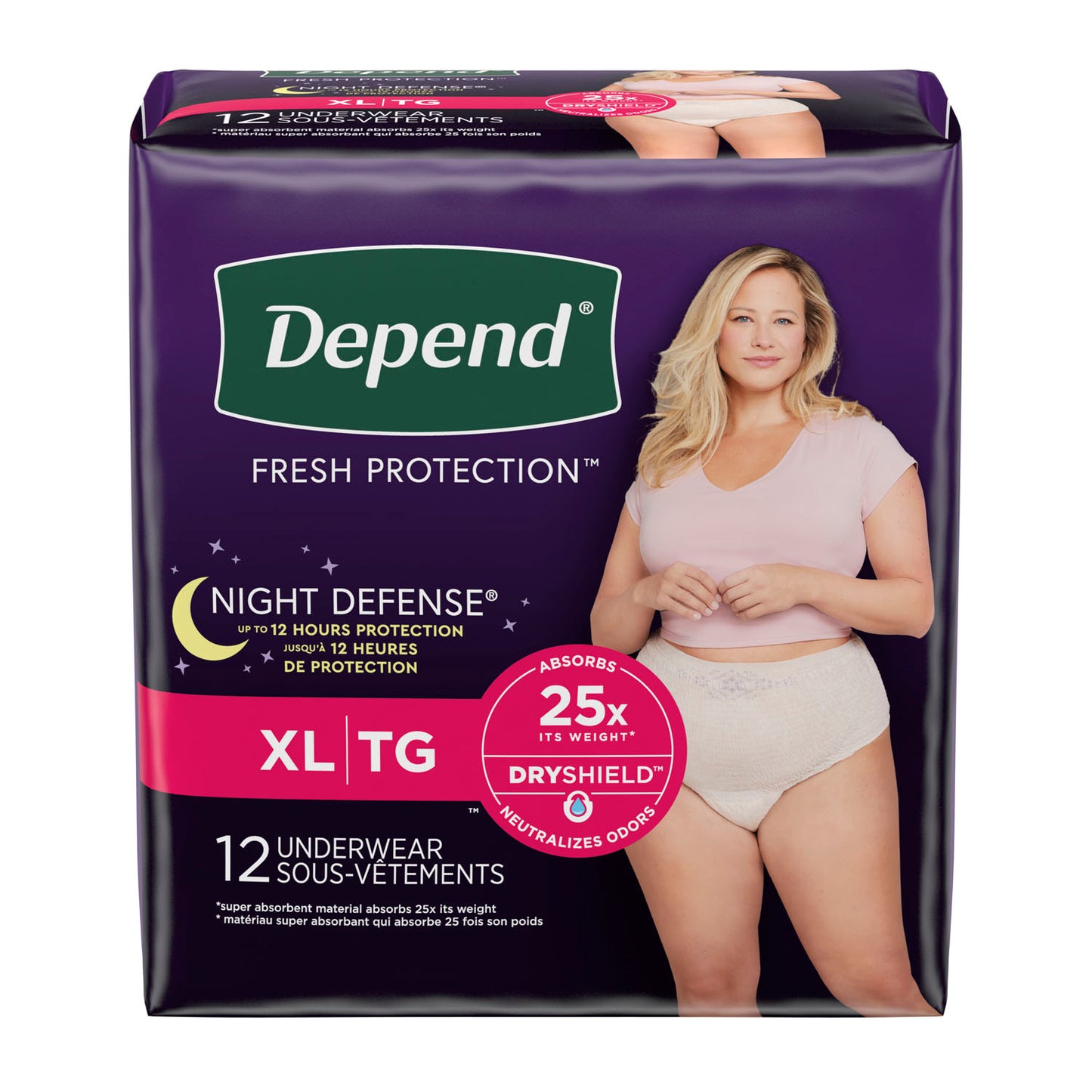 Depend Night Defense Overnite Underwear, Blush, Female, X-Large, 12/pk, 4pk/cs