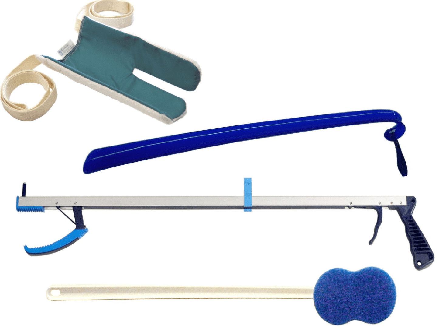 Hip Kit "A" Includes: (1) 32" Ergo Plus Reacher, (1) Terry Covered Sock Aid, (1) 16 1/4" Plastic Shoehorn & (1) Long Handle Bath Sponge (A handling charge of $9.95 will be added to any order under $25.00) (DROP SHIP ONLY)