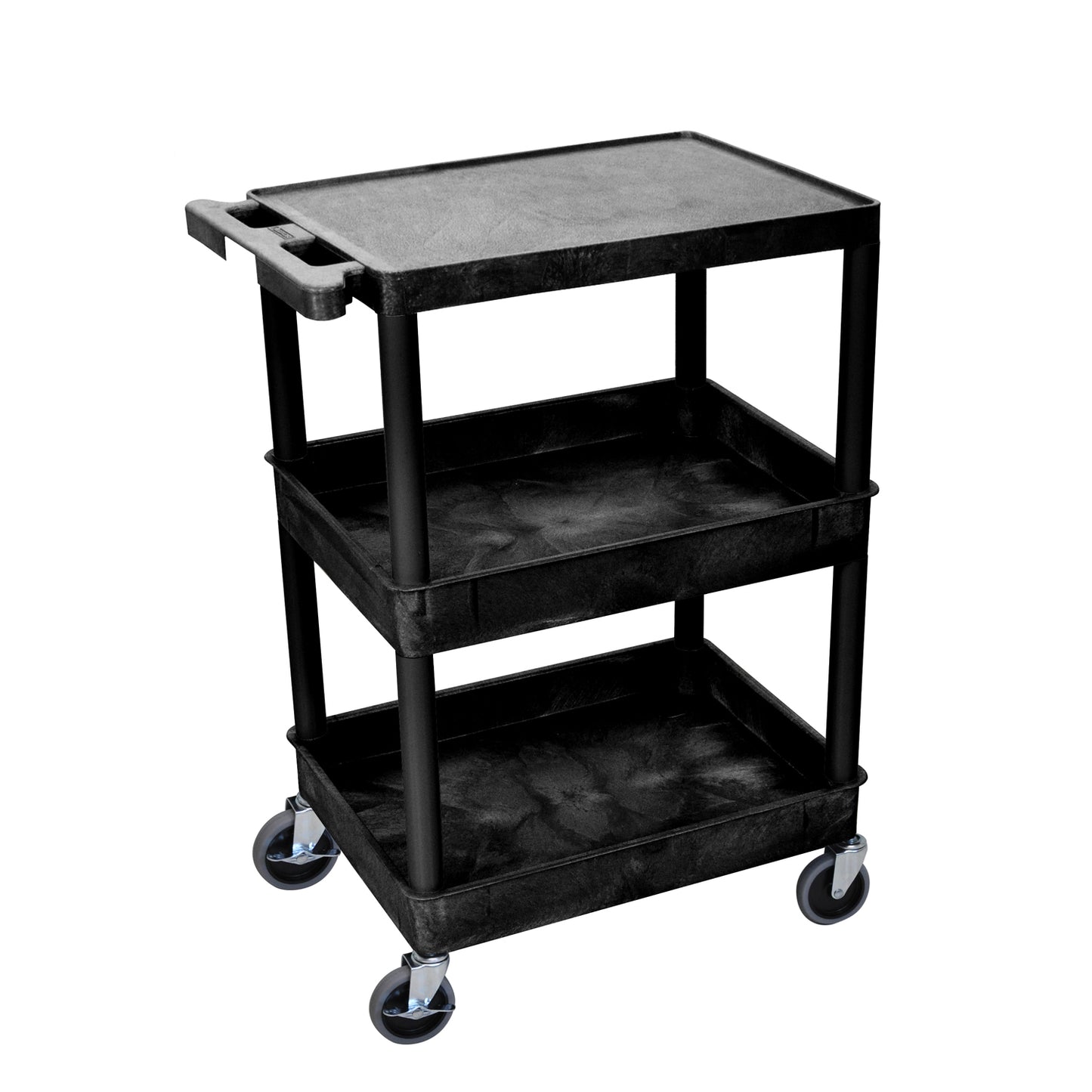 Utility Cart, Flat Top, Middle/Bottom Tub Shelves (2.75" Deep each), Black, 24"W x 18"D x 36.5"H, with (4) 4" Heavy Duty Casters (2 with Locking Brakes), Maximum Weight Capacity 300lbs, Assembly Required (DROP SHIP ONLY)
