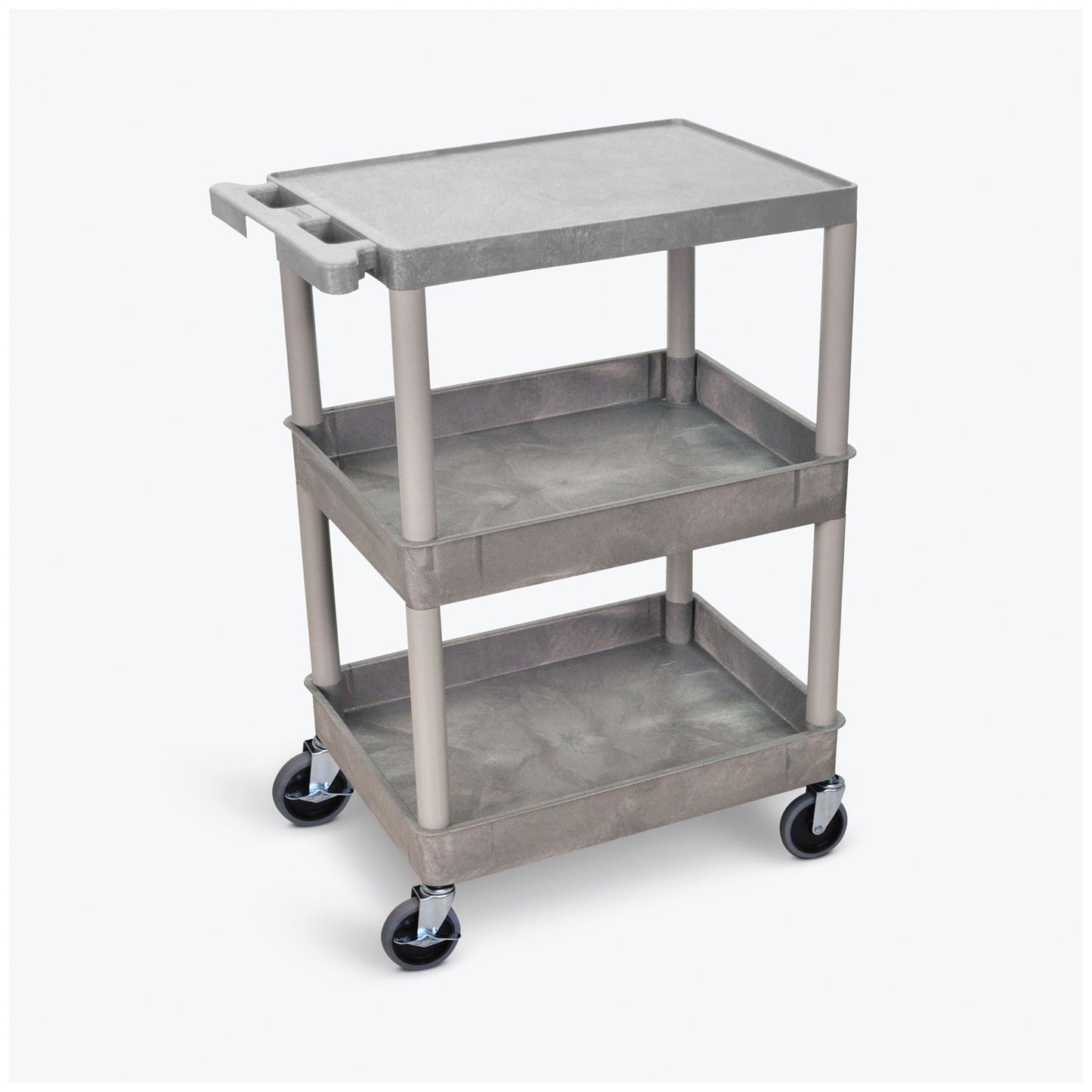 Utility Cart, Flat Top, Middle/Bottom Tub Shelves (2.75" Deep each), Gray, 24"W x 18"D x 36.5"H, with (4) 4" Heavy Duty Casters (2 with Locking Brakes), Maximum Weight Capacity 300lbs, Assembly Required (DROP SHIP ONLY)