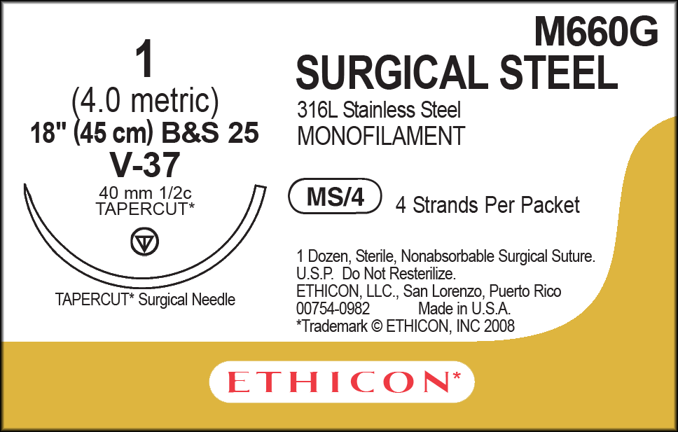 Suture, Tapercut, Size 1, 4-18", Monofilament B&S25, Needle V-37, _ Circle, 1 dz/bx (Continental US Only)