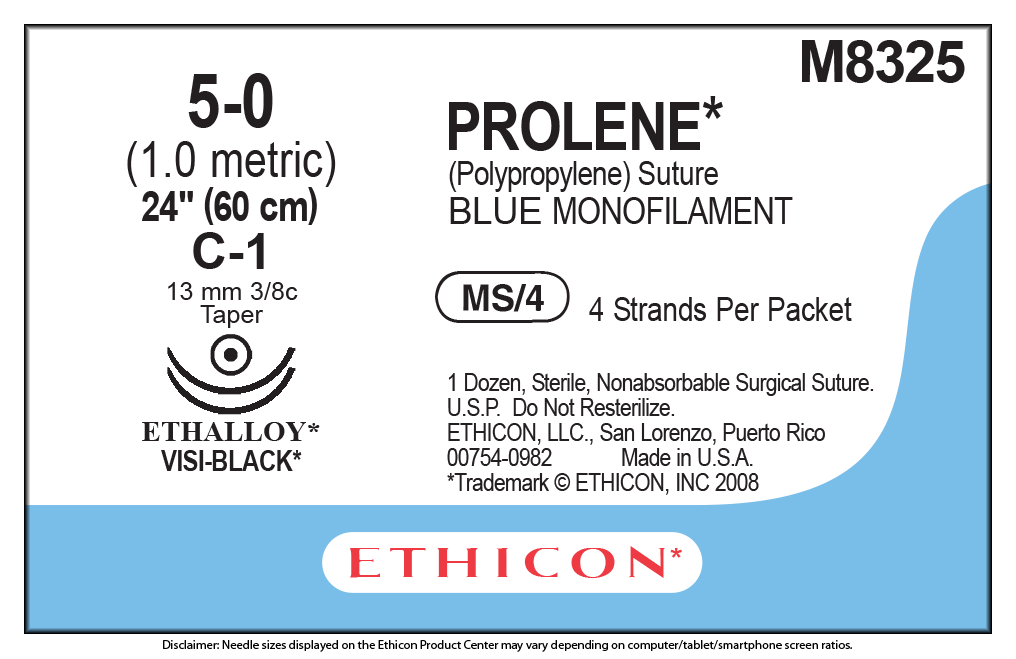 Suture, Taper Point, Size 5-0, 4-24", Blue Monofilament, Needle C-1 C-1, 3/8 Circle, Visi-Black, 1 dz/bx (Continental US Only)