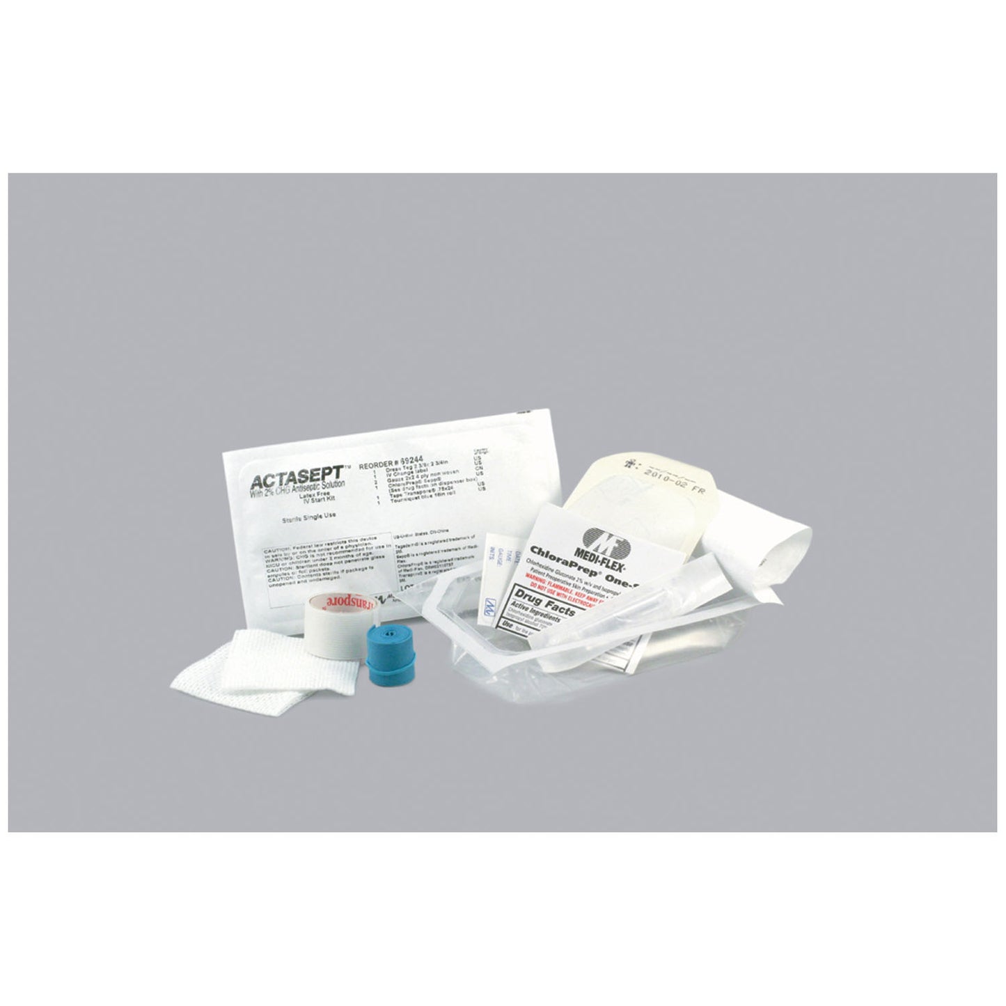 IV Kit Includes: (1) Halyard Transparent Dressing, (2) 2" x 2" 4-Ply NW Gauze, (1) Chloraprep Sepp, (1) Transport Tape Roll 24", (1) Tourniquet, (1) Change Label, 100kt/cs