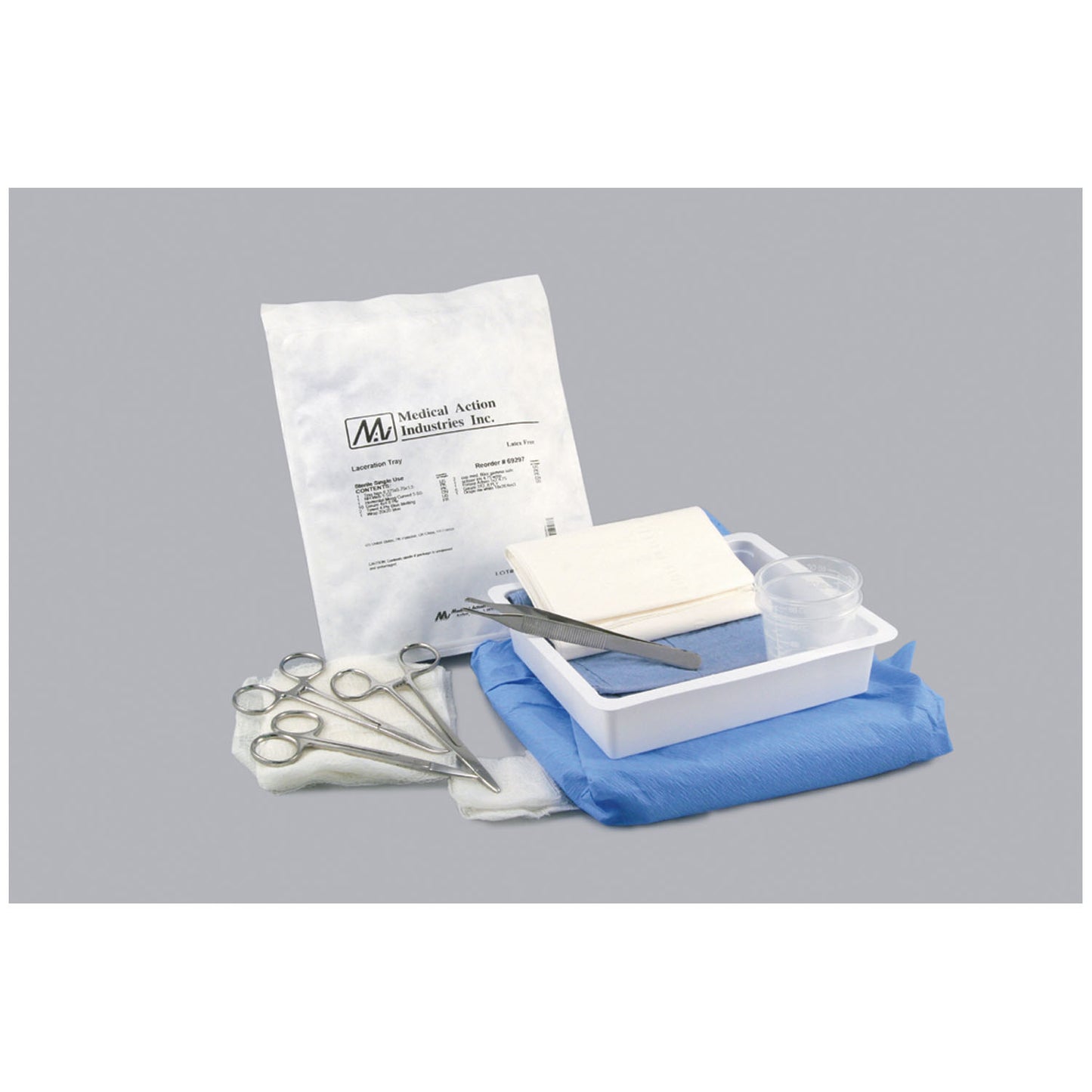 Gauze, (5) 2"x2" Gauze, (1) Needle Holder, Webster 5", (1) Forceps, Adson 1x2 Teeth 4_", (1) Hemostat, Mosquito, Curved 5", (1) Scissors (Iris), (2) Med Cup 60cc, 20tr/cs