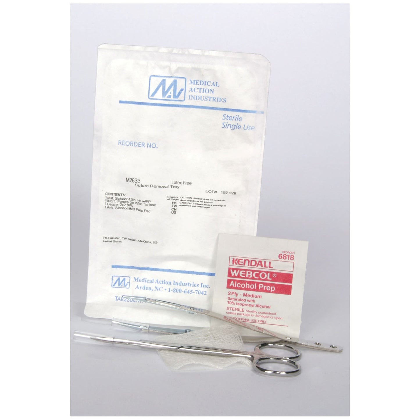 Suture Removal Kit Tray Includes: (1) SS Iris, (1) Metal Insert Forceps, (1) Alcohol Prep Pad, (1) 2" x 2" Gauze, Sterile, 50 Kit/cs