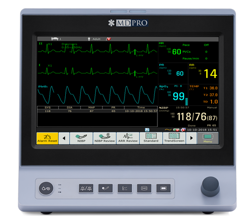 MDPro5500 Patient Monitor, 10", Touch Screen, with WiFi, and 8GB internal memory, Standard configuration (ECG, NIBP, SpO2, RESP, 2-Temp, Pulse Rate and open IBP ports), Adult accessories included, and MDPro Patient ready (DROP SHIP ONLY)