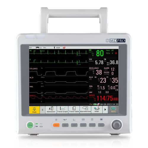 MDPro4500 Patient Monitor, 12", Touch Screen, with CO2 and Printer installed, Standard configuration (ECG, NIBP, SpO2, RESP, 2-Temp, Pulse Rate and open IBP ports), Internal G2 Sidestream CO2 uses traditional water traps and generic cannulas, Adult accessories included, and Patient ready (DROP SHIP ONLY)