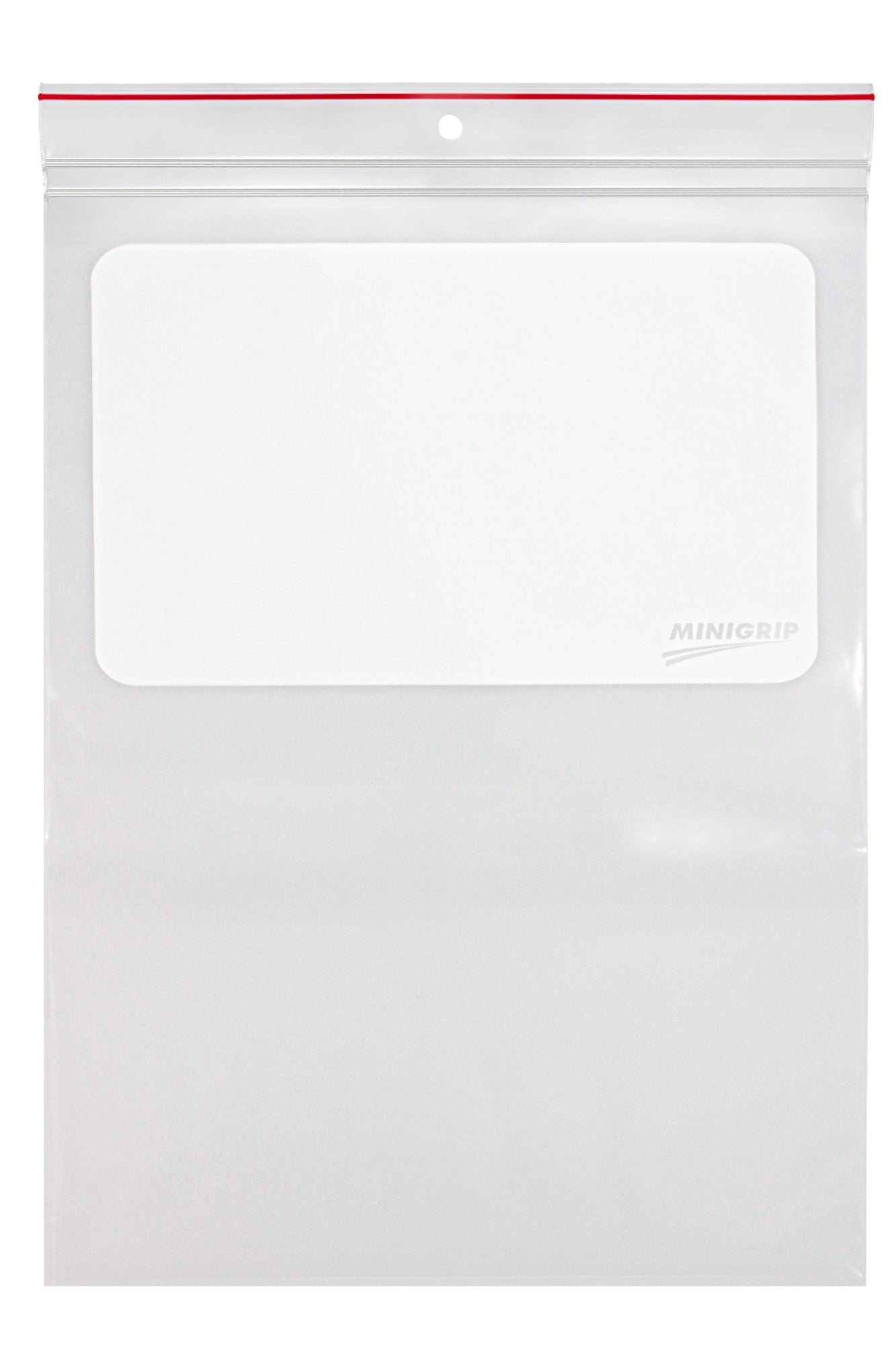 Minigrip Red Line Zip Closure Bags, 4 Mil, Writable White Block with Hang Hole, Clear, LDPE Film, Flat Pack, 8 x 10, 100/pk, 10 pk/cs