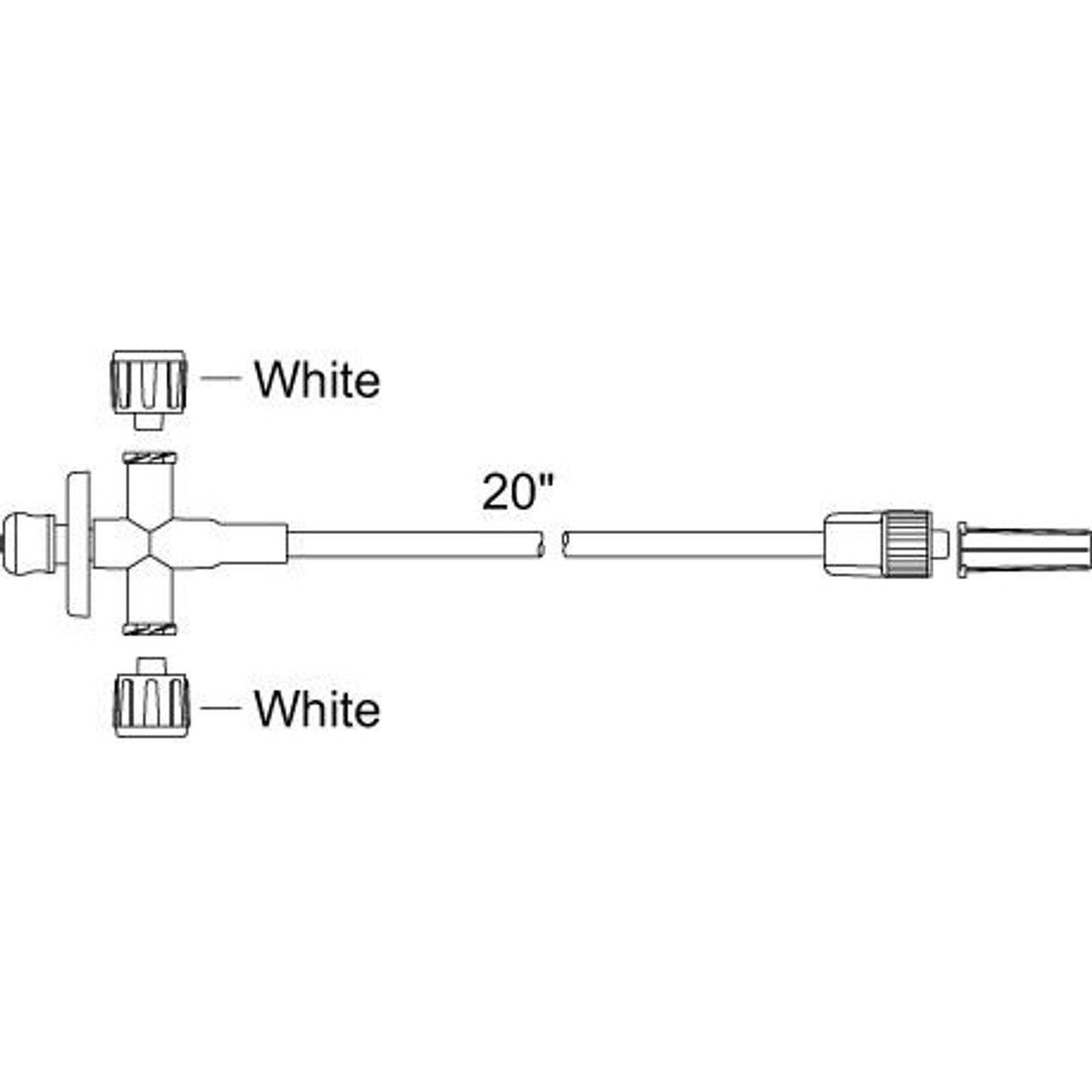 Extension Set, 3-Way Anesthesia Style Stopcock, Standard Bore with Injection Site, Non-Vented White Caps, Male Luer Lock, Non-DEHP, Latex-Free (LF), 2.4 mL PV, 22" Length, 50/cs (US Only)