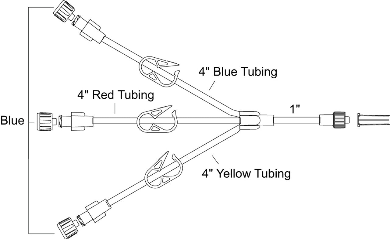 Extension Set, Standard Bore, Color-Coded, Trifurcated, Pinch Clamps, Non-Vented Blue Caps, Male Luer Lock, 1.8 ml, 6" Length, DEHP, 50/cs (US Only)