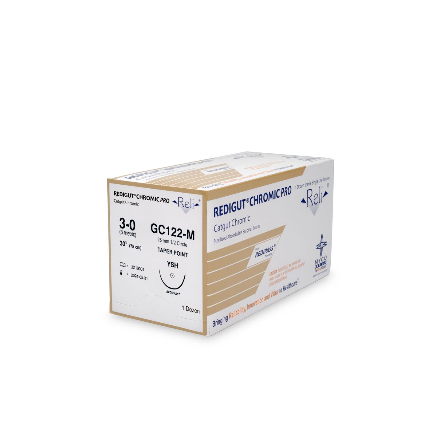 Suture, 3-0, Redigut, Chromic, Natural, 30", YSH, 12/bx (US Only)
