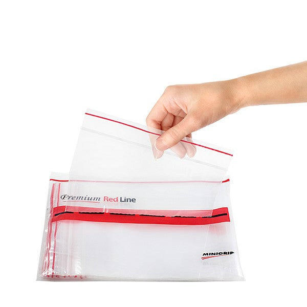 Minigrip Red Line Zip Closure Bags, 4 Mil, with Hang Hole, Clear, LDPE Film, Flat Pack, 5 x 8, 100/pk, 10 pk/cs