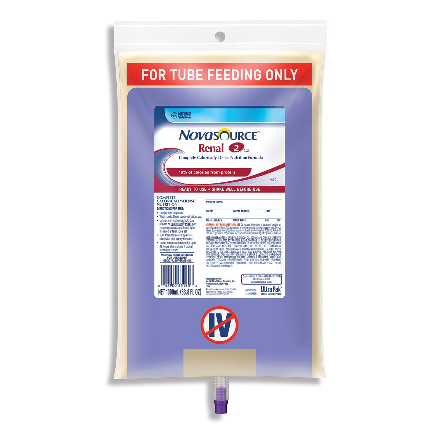 Novasource Renal SpikeRight 1000mL Closed System Containers, 6/cs (120 cs/plt) (Minimum Expiry Lead is 90 days; Non-Returnable) (Continental US Only) (Nestle products cannot be sold online without Nestle's prior written permission) (Products cannot be sold on Amazon.com or any other 3rd party site)