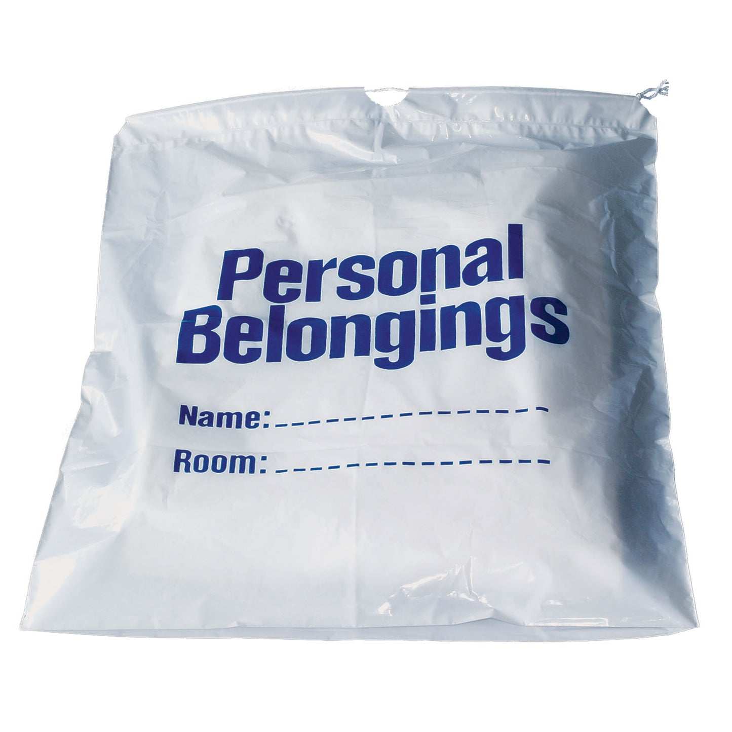 Personal Belongings Drawstring Bag, 17" x 20", White Bag with Blue Imprinting, 250/cs