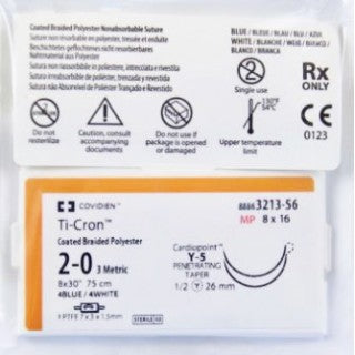 Suture, Penetrating Taper, Size 2-0, White & Blue, 8x30", Needle Y-5, _ Circle, Firm PTFE Pledget 7mm x 3mm x 1.5mm, 6/bx (Continental US Only)