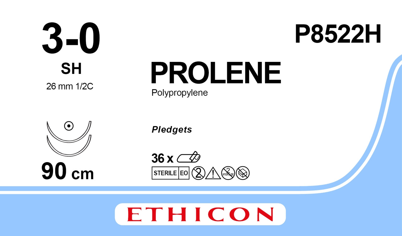 Suture, Taper Point, Size 3-0, 36", Blue Monofilament, Needle SH, _ Circle, _" x 1/8" x 1/16" Firm TFE Polymer Pledgets, 3 dz/bx (Continental US Only)