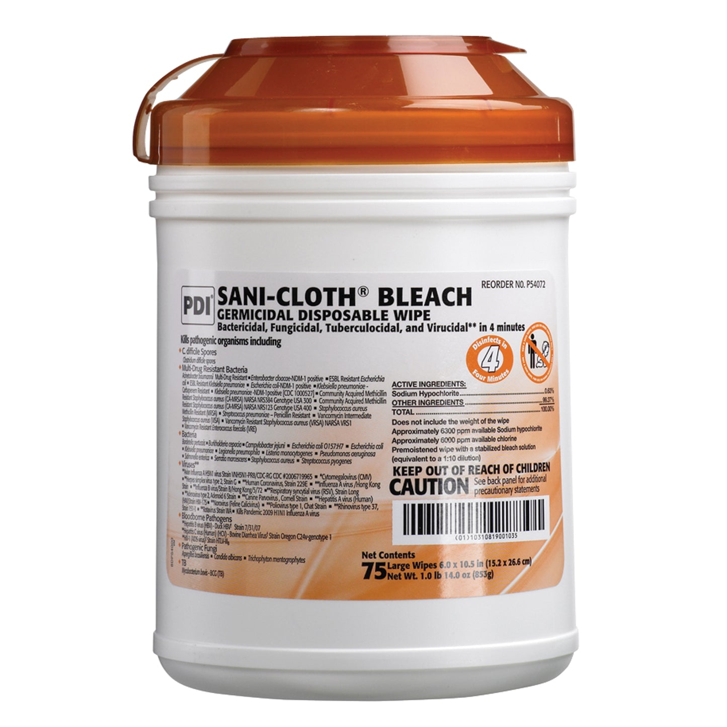Bleach Germicidal Disposable Wipe, Large, 6" x 10_", 75/canister, 12 can/cs (30 cs/plt) (Non-returnable; Non-refundable) (US Only) (Products cannot be sold on Amazon.com or any other 3rd party site)