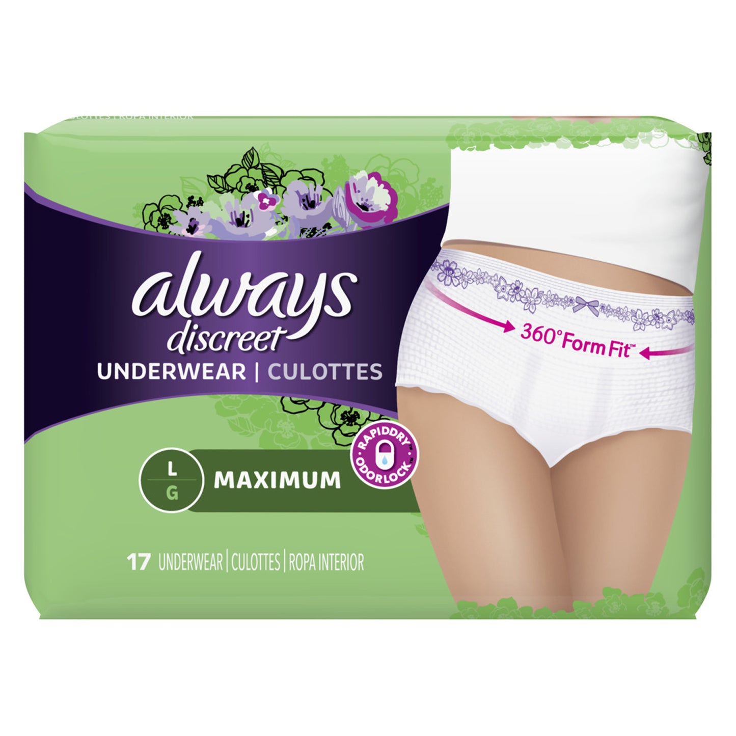 Always Discreet, Incontinence Underwear for Women, Maximum, Large, 17/bx, 3bx/cs