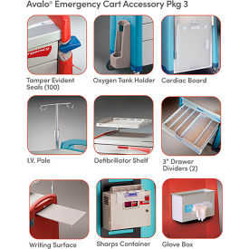 Avalo Medical Accessory Pack 3, Emergency,, Includes: (100) Tamper Evident Seals, (1) Oxygen Tank Holder, (1) Cardiac Board, (1) I.V. Pole, (1) Defibrillator Shelf, (1) Set of 3" Drawer Dividers, (1) Writing Surface, (1) Sharps Container and (1) Single Glove Box (DROP SHIP ONLY)