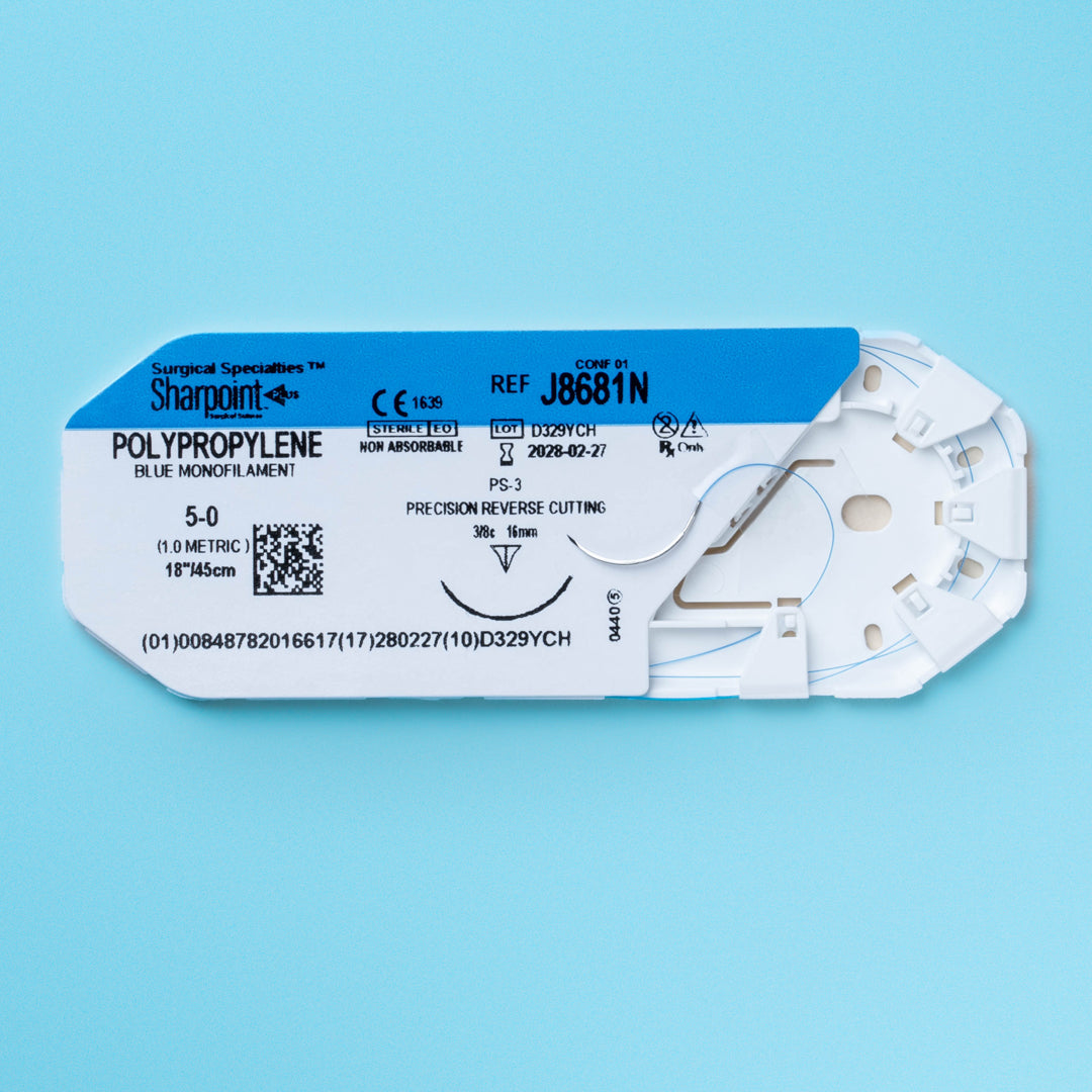 Polypropylene Suture, Monofilament, Reverse Cutting, Size 5-0, 18"/45cm, 16mm, 3/8 Circle, 12/bx