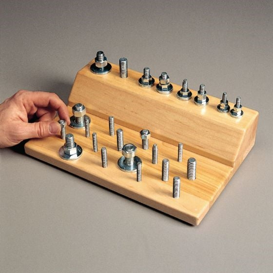 Two-Tiered Horizontal Bolt Board, 11.5"L x 7.75"W x 4"H, Lacquered Wood, Felt-Covered Bottom, Bolts Progress from 1/4" to 1/2" plus Assorted Nuts and Washers (US Only)