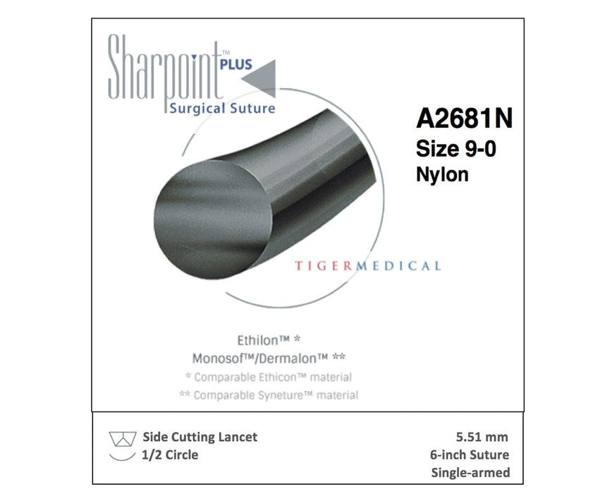 Nylon Suture, Monofilament, Lancet, Size 9-0, 12"/30cm, 5.51mm, 1/2 Circle, 12/bx (To Be DISCONTINUED)