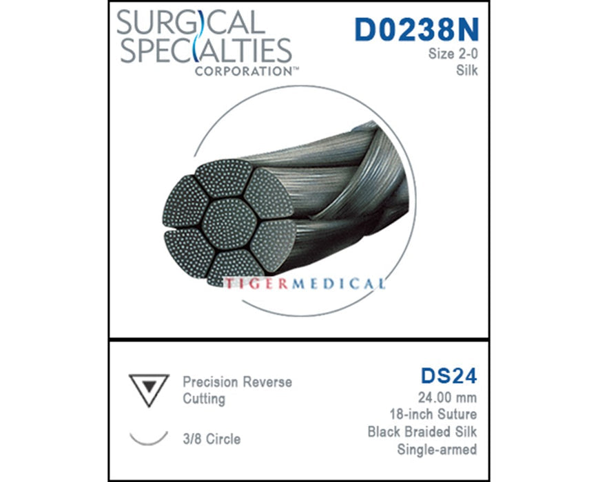 Silk Suture, Black Braided, Reverse Cutting, Size 2-0, 18"/45cm, 24mm, 3/8 Circle, 12/bx