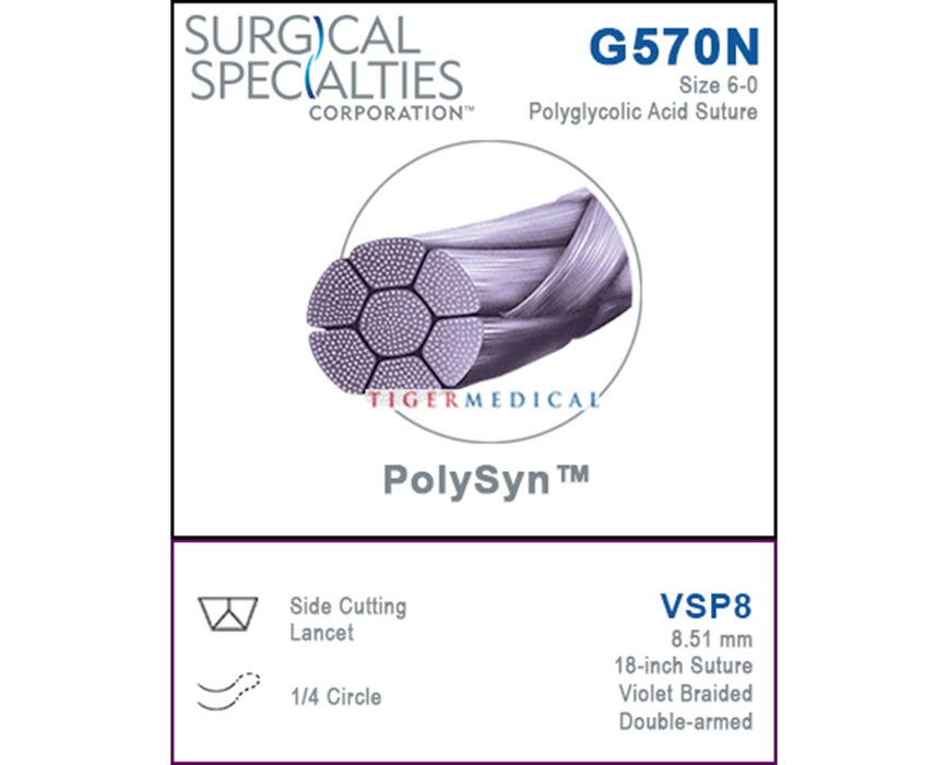 Polyglycolic Acid Suture, Violet Braided, Lancet, Size 6-0, 18"/45cm, 8.51mm, 1/4 Circle, 12/bx