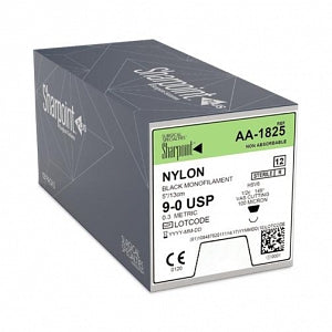 9/0 Nylon Suture, Black Mono, 5"/13cm, HSV6, 6mm 1/2 Circle, 12/bx