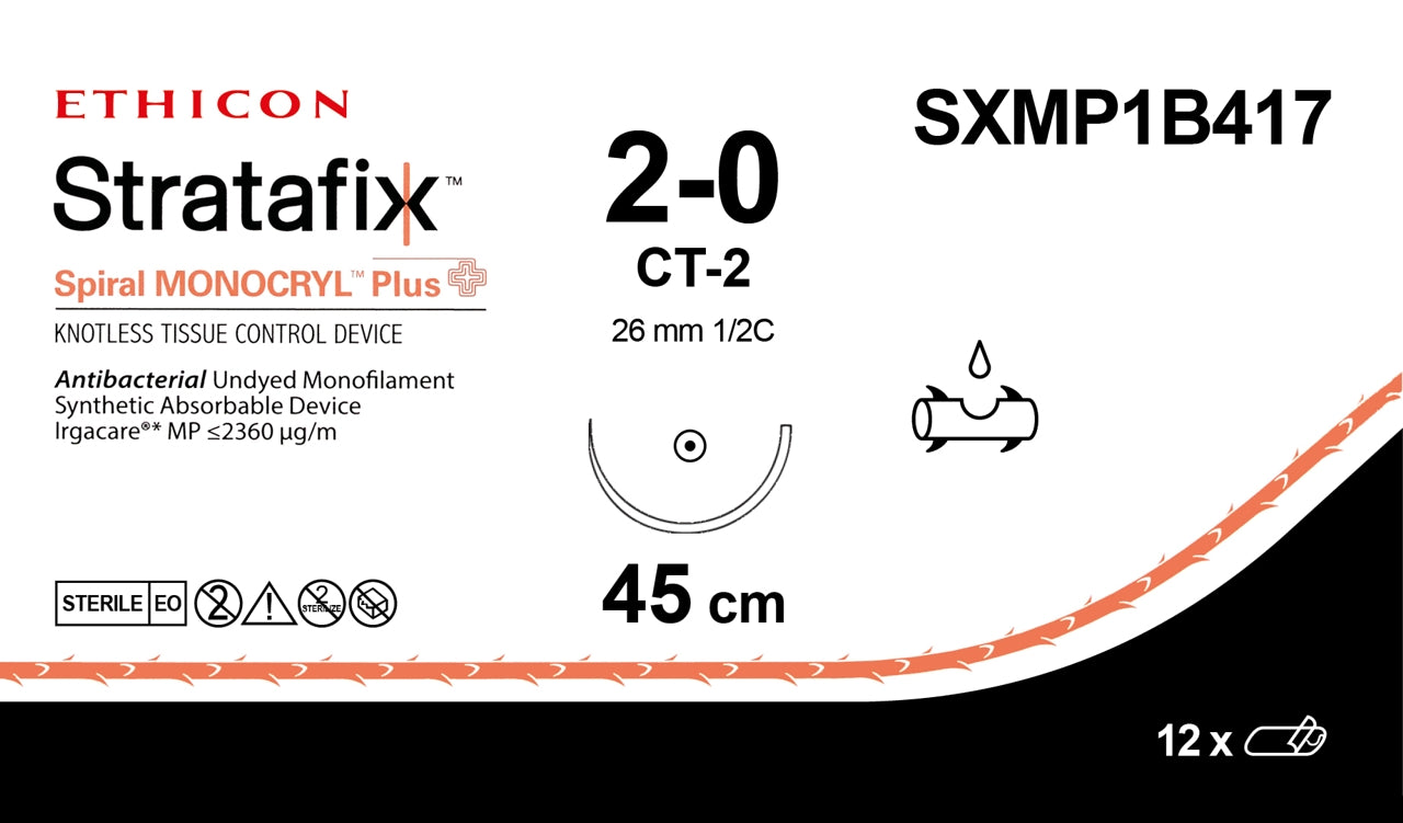 2-0 45cm STRATAFIX Spiral MONOCRYL Plus Undyed CT-2, 12/bx (Continental US Only)