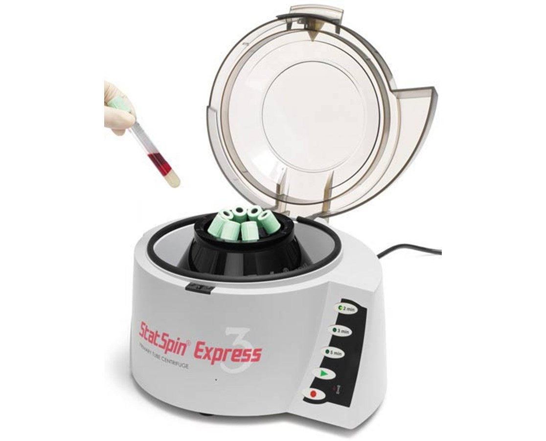 StatSpin Express 3 Centrifuge, 8 x 10 ml Fixed Angle Rotor, (8) Rotor Inserts for 16 x 100 mm Tubes, (8) Rotor Inserts for 13 x 75 mm Tubes, Disposable Bowl Liner, Universal Power Supply, for 100 - 240 V, 50/60 Hz (DROP SHIP US ONLY)