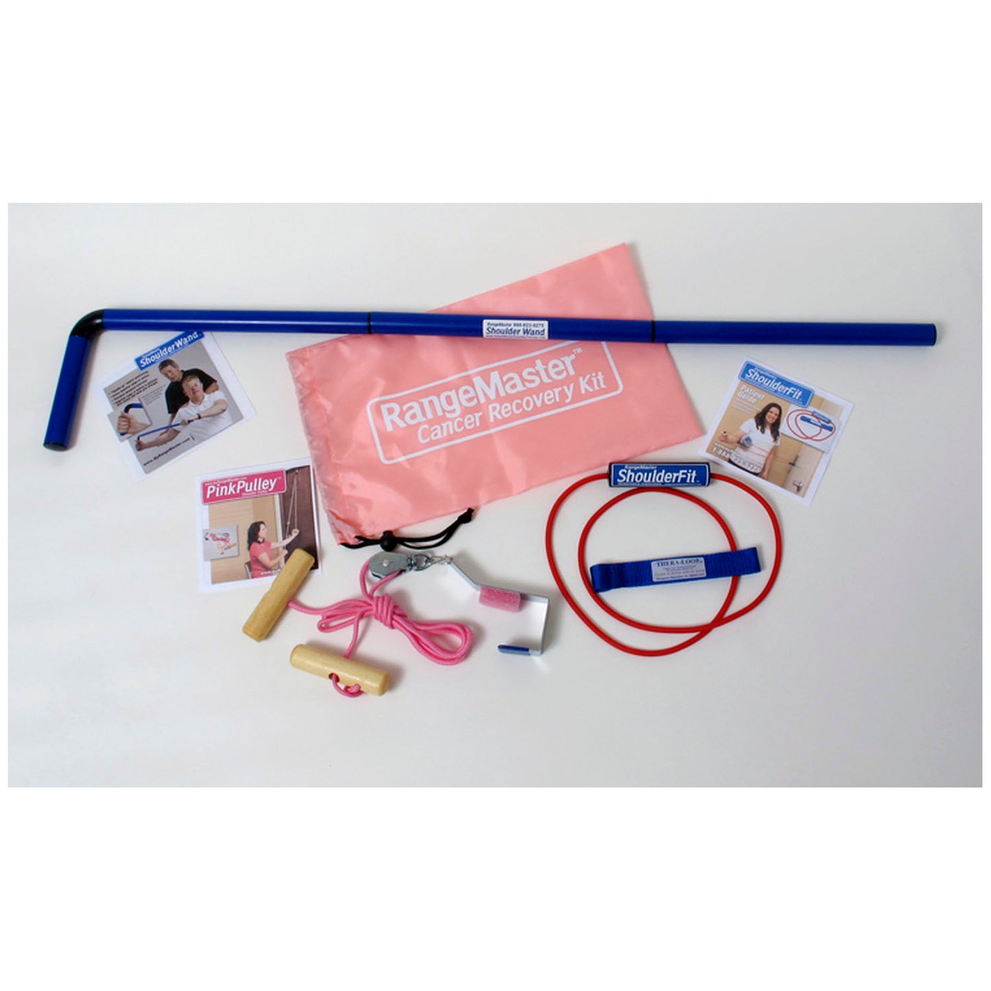 Breast Cancer Recovery Kit includes RangeMaster home exercise pulley system with webbing strap; ShoulderFit strength tubing with a plastic Thera-Loop Handle and theThera-Loop webbing door anchor; ShoulderWand stretching wand; Exercise Guide; Pink drawstring bag.