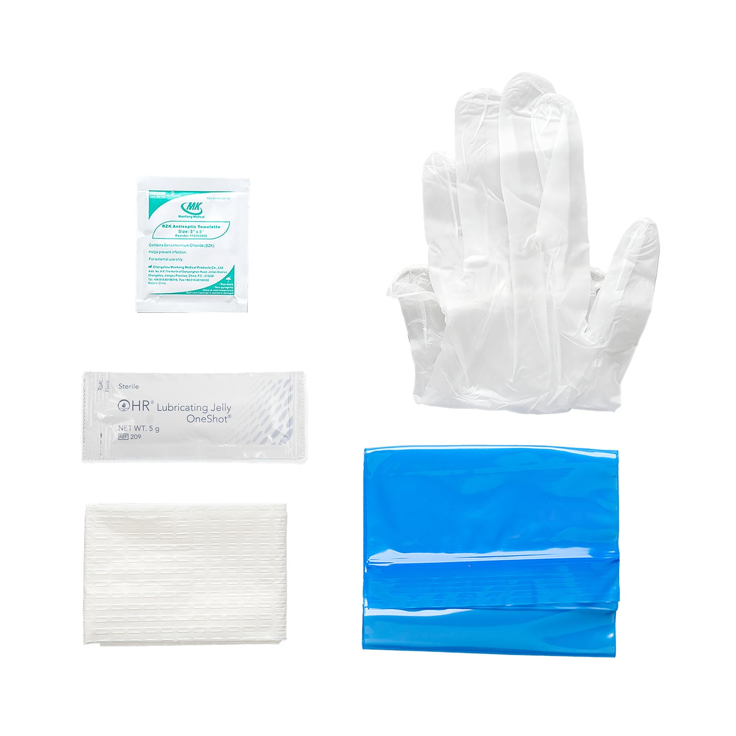 TruCath Intermittent Catheter Insertion Kit, 100/cs Includes: Vinyl PF Gloves, 5g Lube Jelly Packet, BZK Wipe, Underpad and Disposal Bag