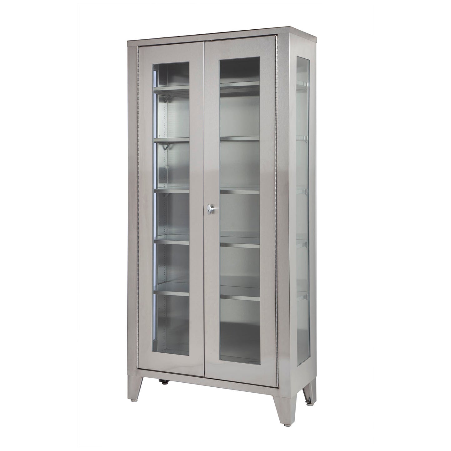 Cabinet Display, Stainless Steel, Five (5) Adjustable Stainless Steel Shelves, Two (2) Glass Hinged Doors, 36"W x 77"H x 16"D (DROP SHIP ONLY)