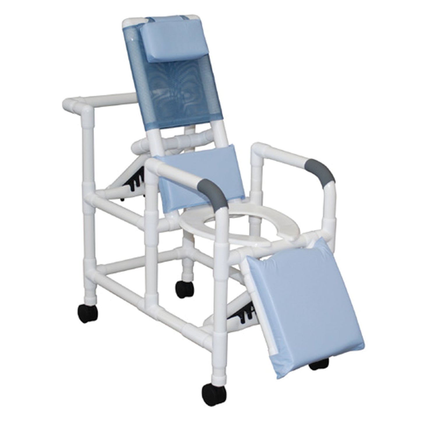Reclining Shower Chair, Deluxe Elongated Open Front Commode Seat & Elevated Leg Extension, 16" Internal Width