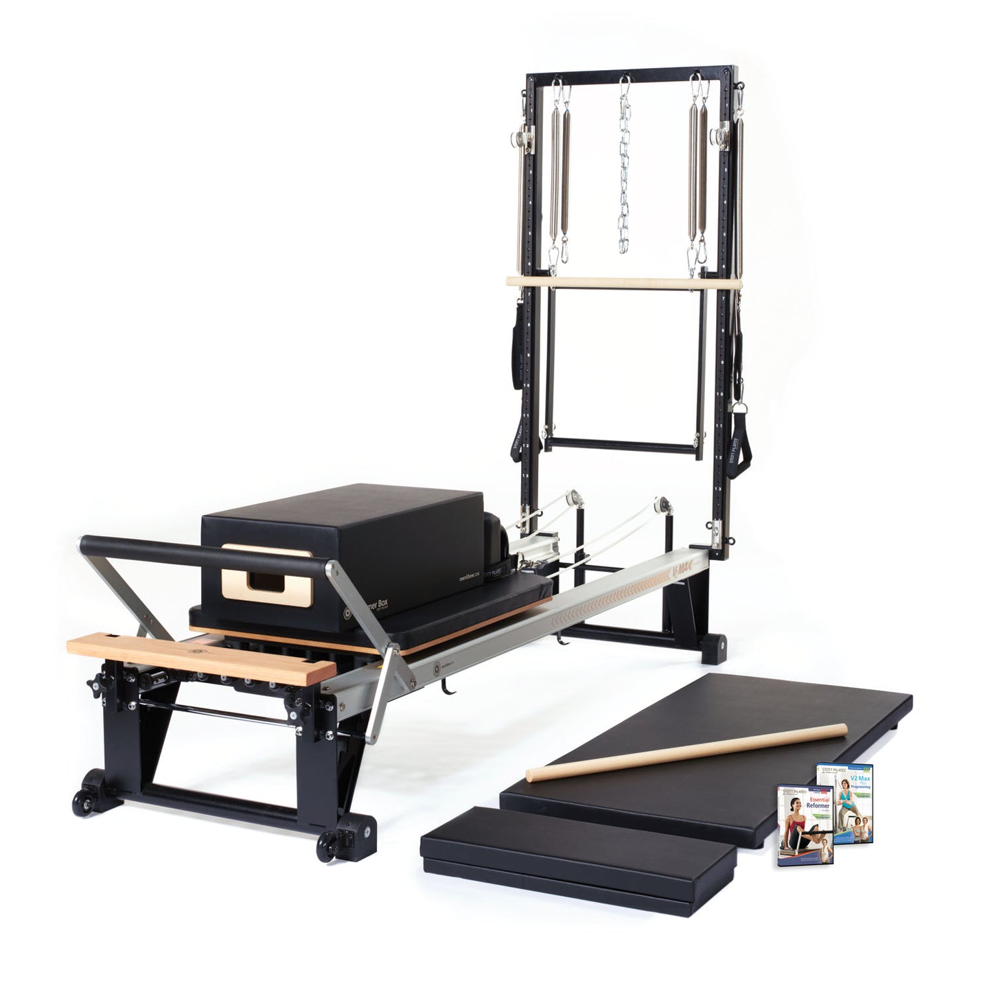 V2 Max Plus Reformer Bundle Includes 1 ea: V2 Max Plus Reformer, Mat Converter, Padded Platform Extender, Reformer Box, Maple Roll-Up Pole